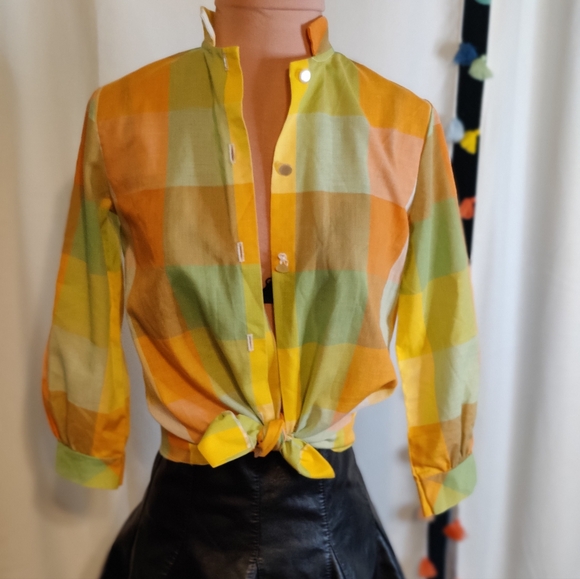 pouf sleeve Citrus Plaid button front Paper Thin blouse tiny collar Modest chic - Picture 1 of 11